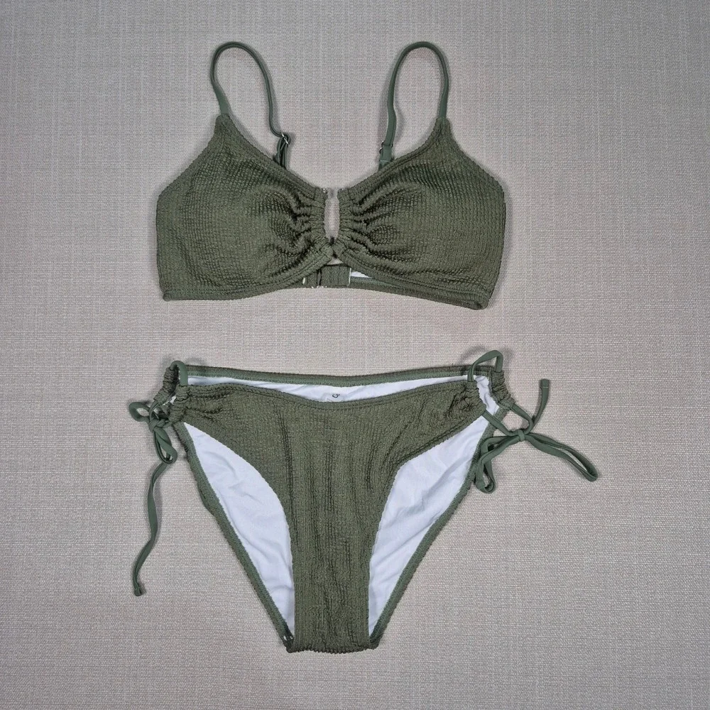 Blooming Jelly Womens Olive Green Smocked Bikini Set Two Piece Swimsuit Size M